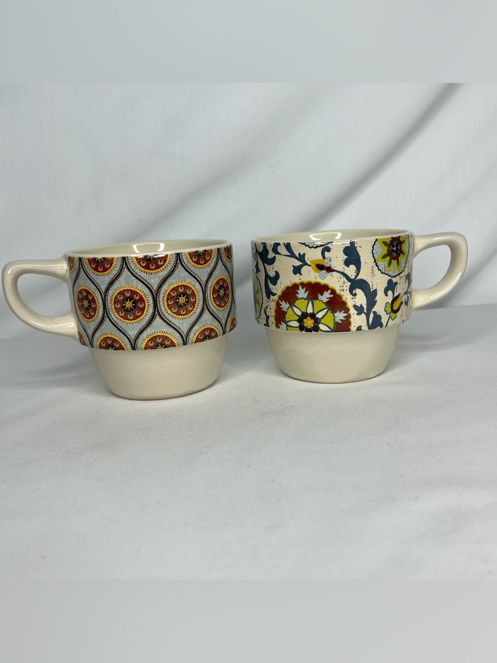 Pier 1 Stackable Stoneware Mugs Boho Geometric & Floral Patterns- Set of 2